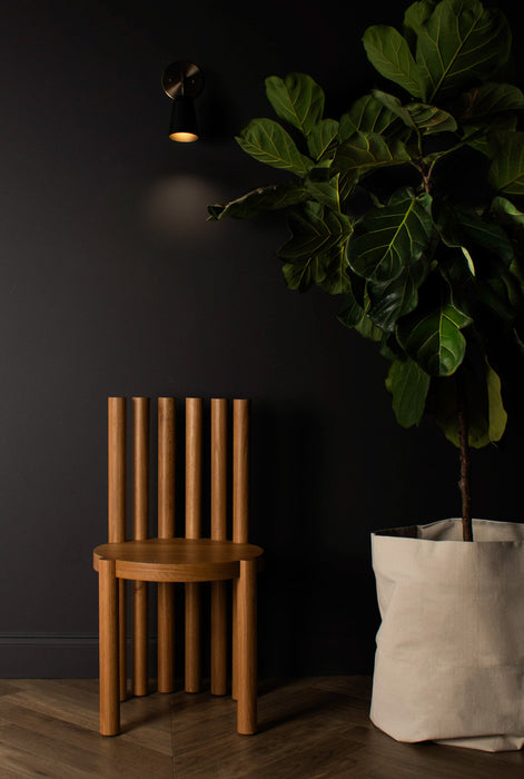 Millen Chair in White Oak, Barnard Sconce in Aged Brass with Matte Black shade