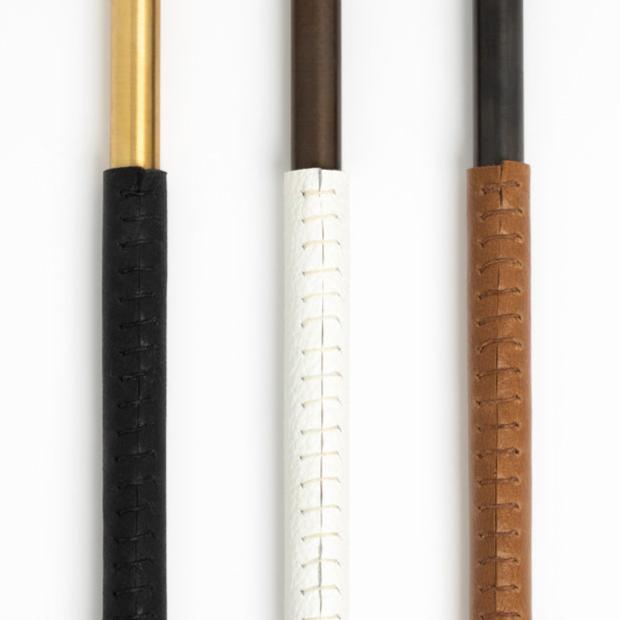 Natural Brass with Black Leather, Aged Brass with White Leather, Blackened Brass with Caramel Leather