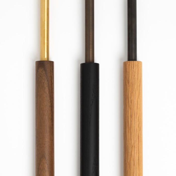 Natural Brass with Walnut, Aged Brass with Ash Midnight, Blackened Brass with White Oak