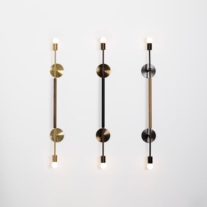 Natural Brass with Walnut, Aged Brass with Ash Midnight, Blackened Brass with White Oak