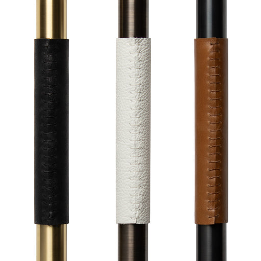 From left: natural brass with black leather, aged brass with white leather and blackened brass with caramel leather. 